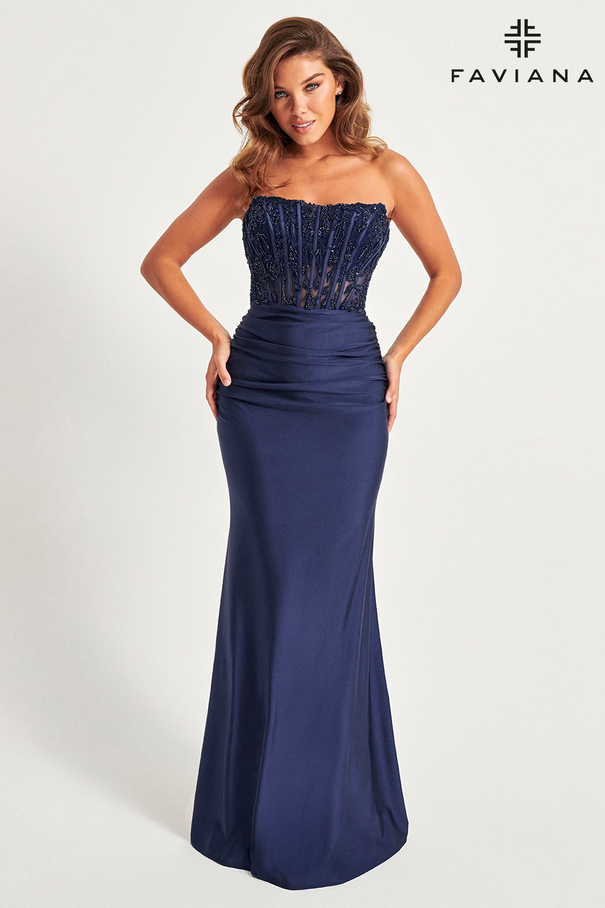 Embroidered Corset Style Ruched Charmeuse Gown