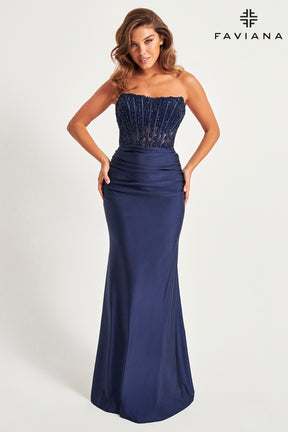 Embroidered Corset Style Ruched Charmeuse Gown