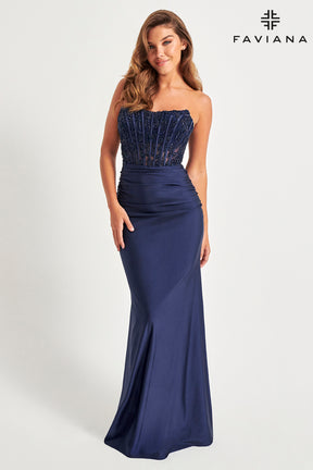 Embroidered Corset Style Ruched Charmeuse Gown