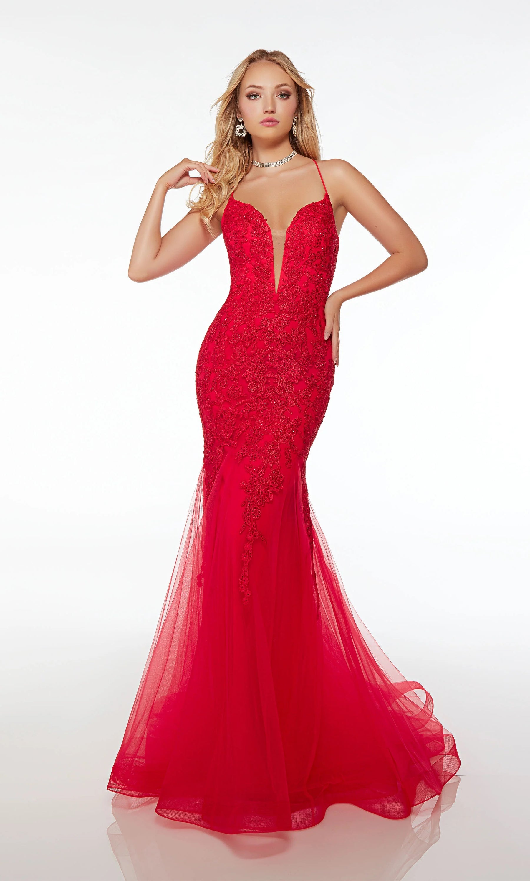 Embroidered Deep V-Neck Mermaid Gown