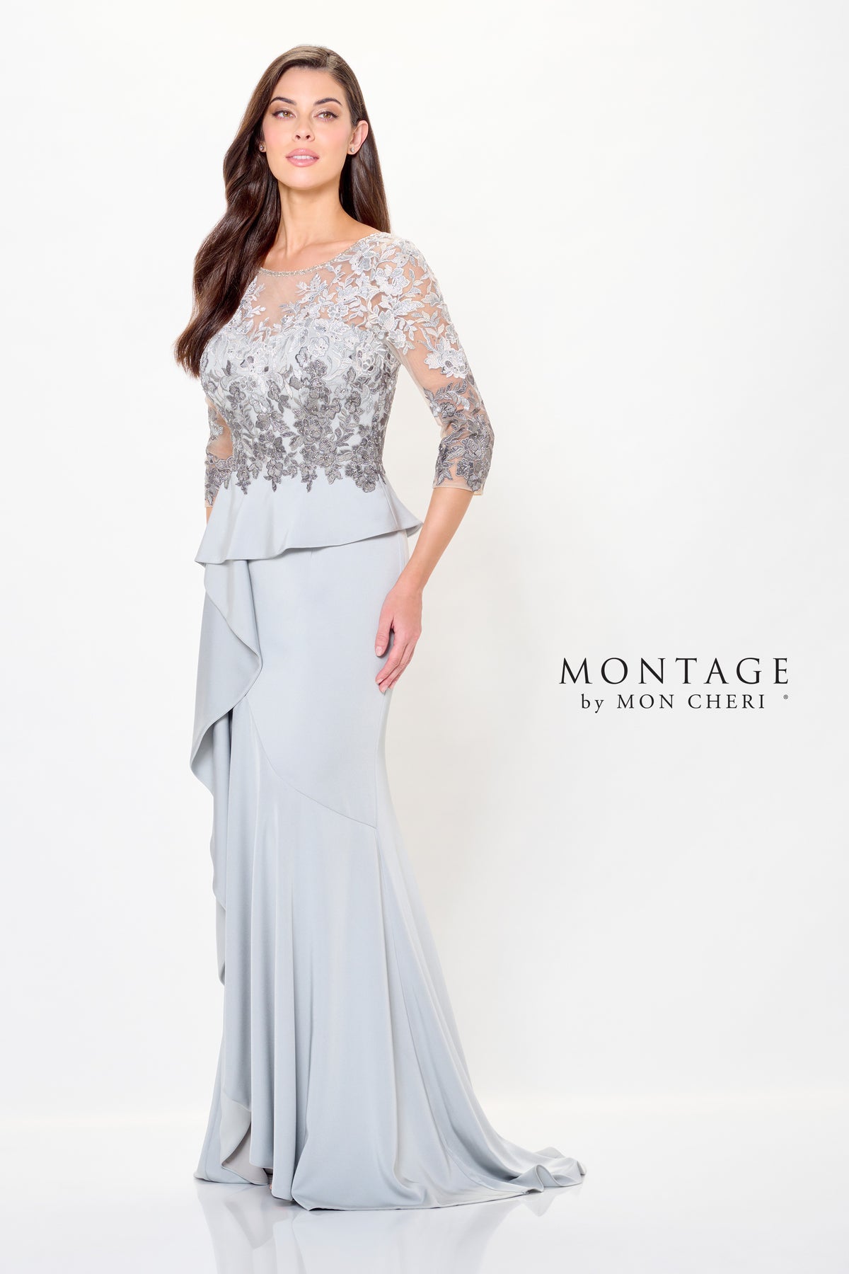 Embroidered Illusion Neckline Draped Trumpet Gown