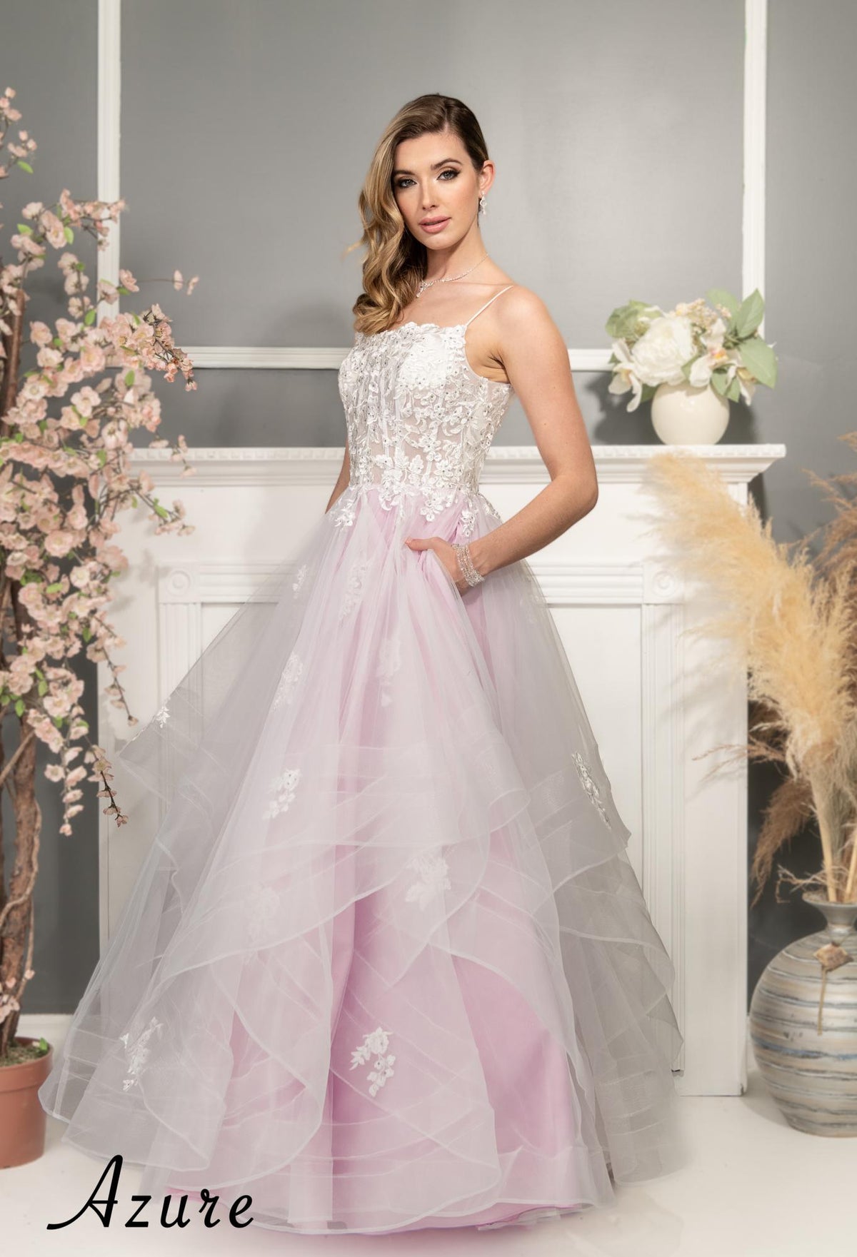 Embroidered Layered Tulle Corset Gown