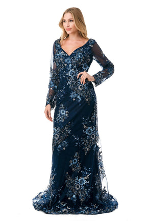 Embroidered Long Sleeve Scalloped Edge Gown