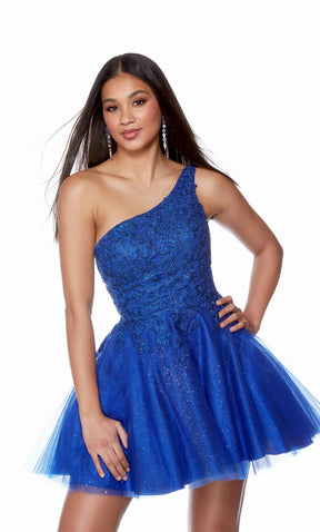 Embroidered One Shoulder Glitter Tulle Short Dress