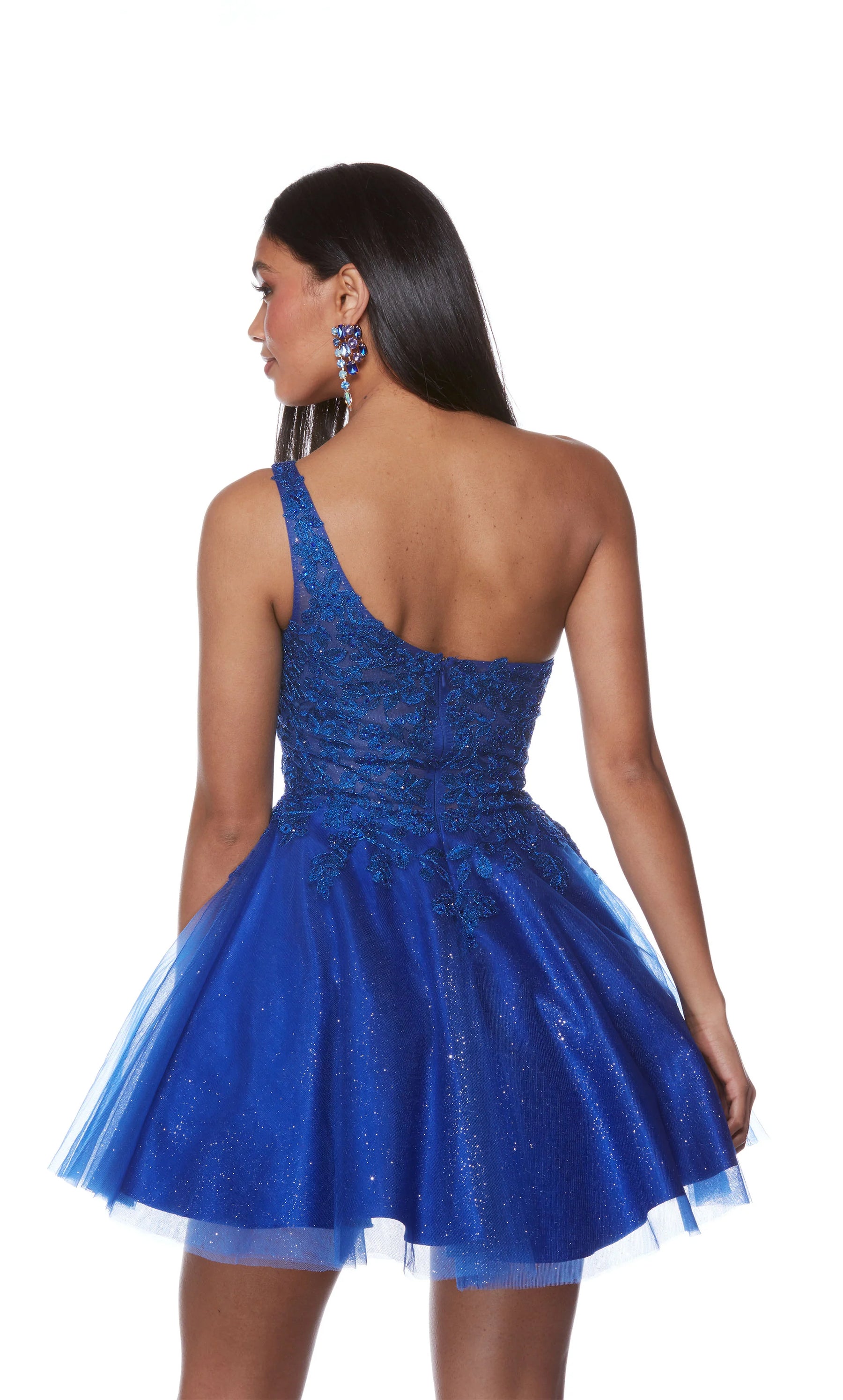 Embroidered One Shoulder Glitter Tulle Short Dress