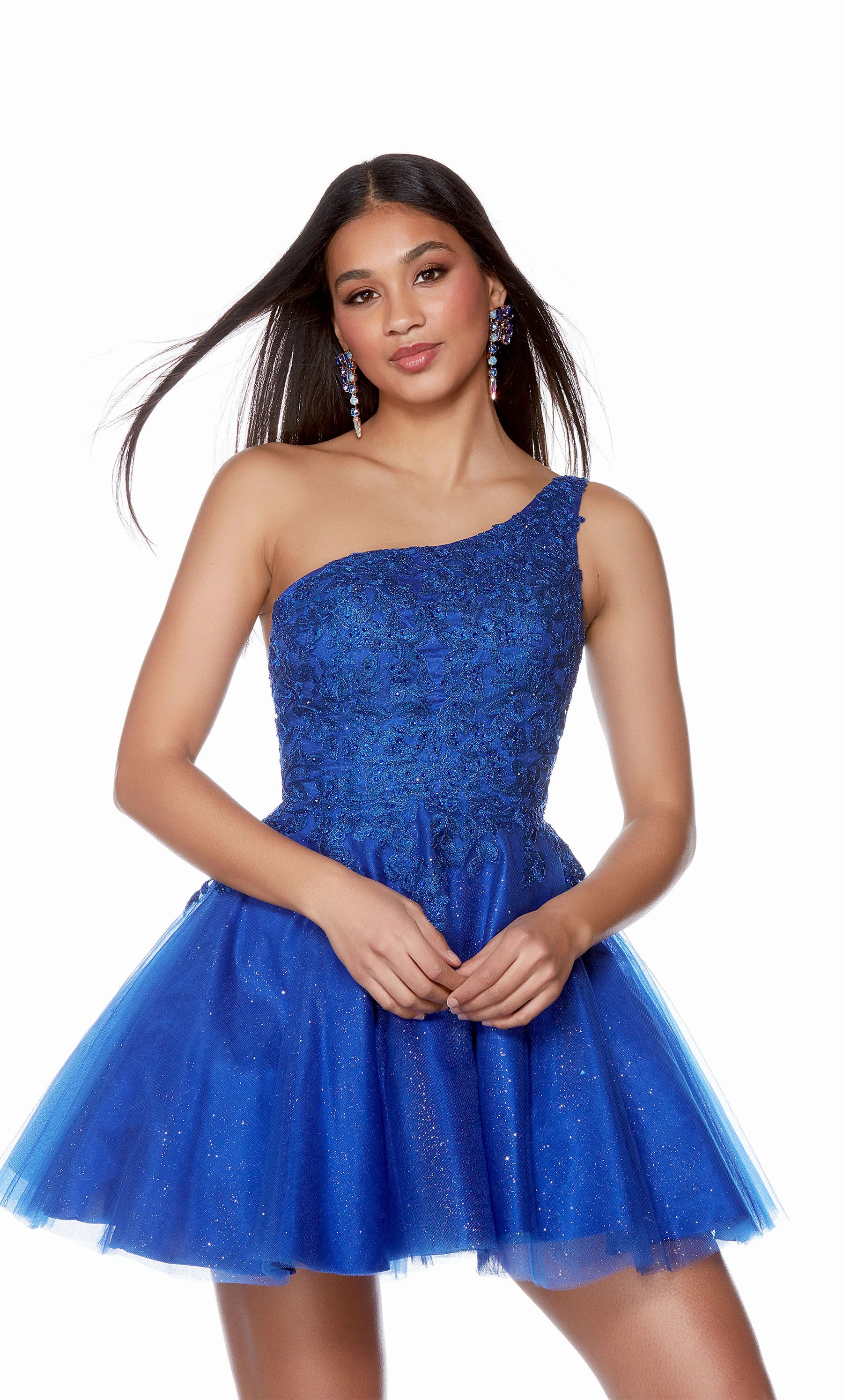 Embroidered One Shoulder Glitter Tulle Short Dress