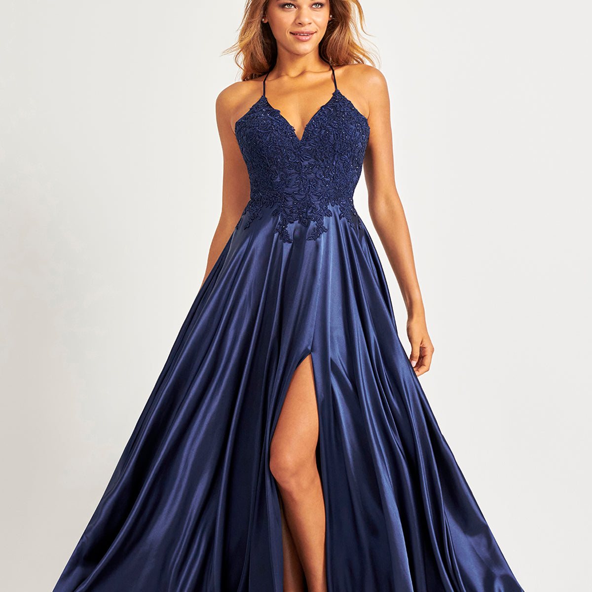 Embroidered Satin Lace-up Back Dress | Lizzy's by Cathy Allan