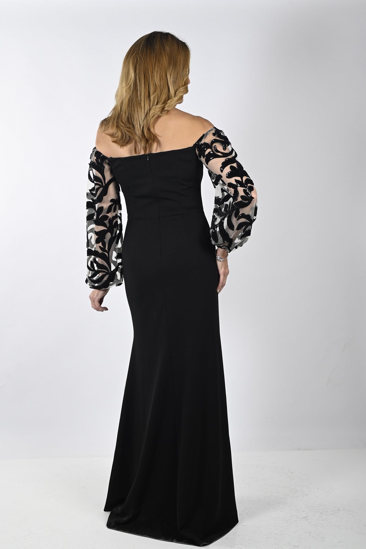 Off Shoulder Velvet Dress with Embroidered Sleeves