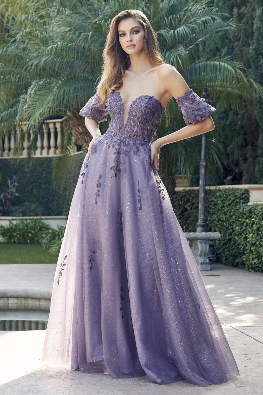 Embroidered Strapless Corset Gown With Puff Sleeves