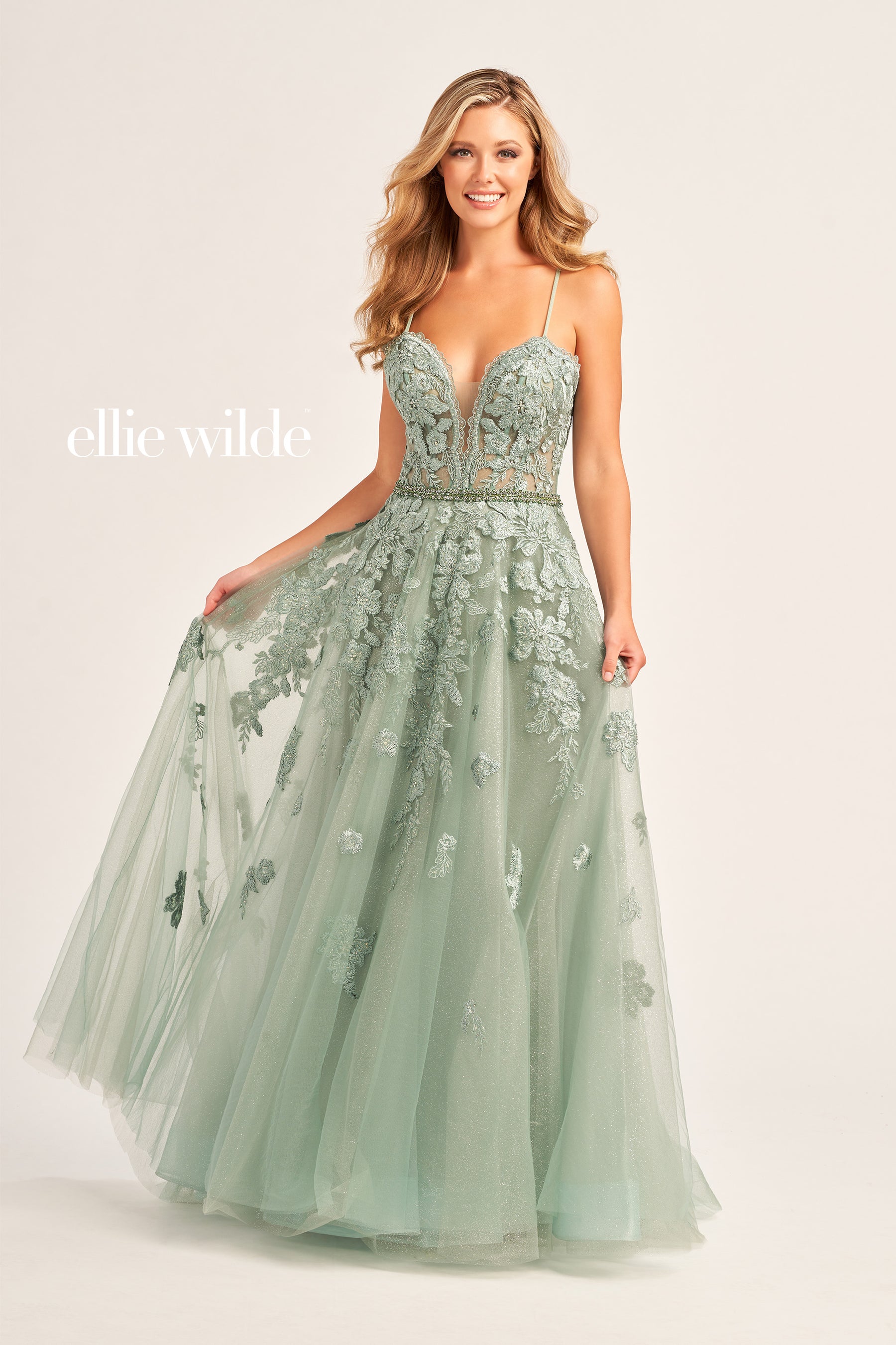 Embroidered Tulle Ball Gown With Beaded Waist