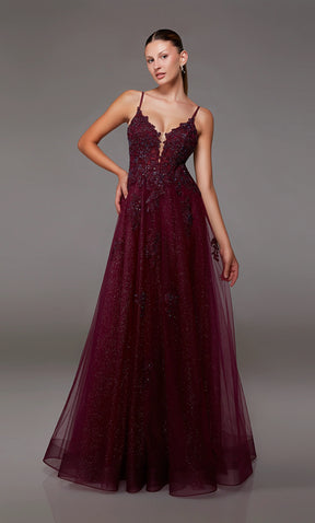 Embroidered V-Neck Shimmer Tulle Gown