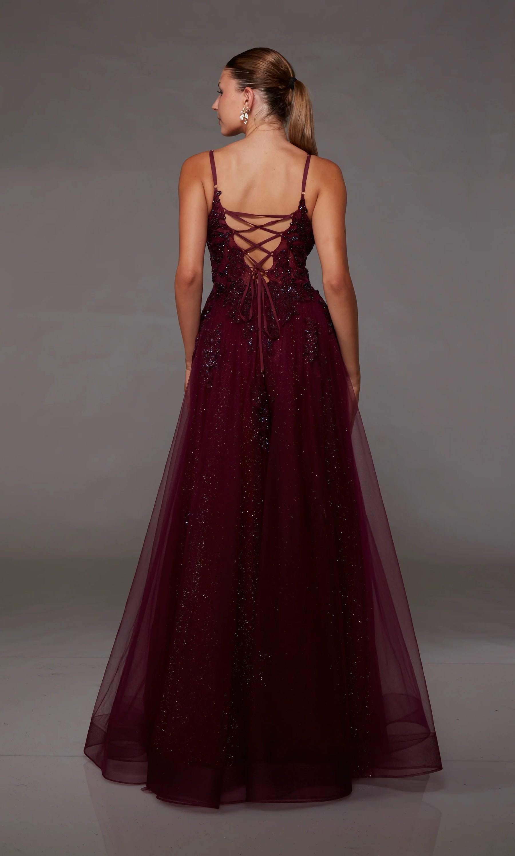 Embroidered V-Neck Shimmer Tulle Gown