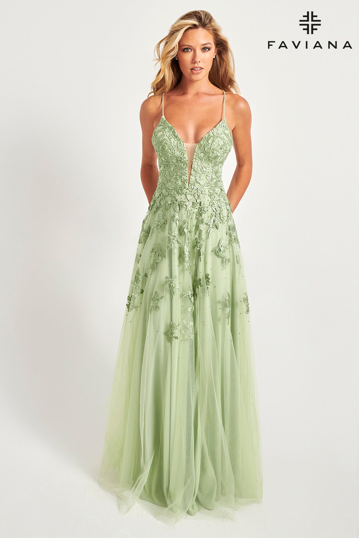 Embroidered & Sequin Tulle Lace-up Back Gown