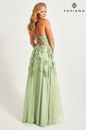 Embroidered & Sequin Tulle Lace-up Back Gown