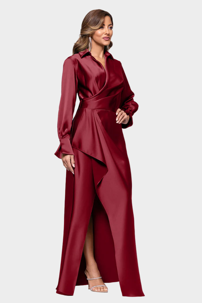 Emery Luxe Satin Collared Long Dress