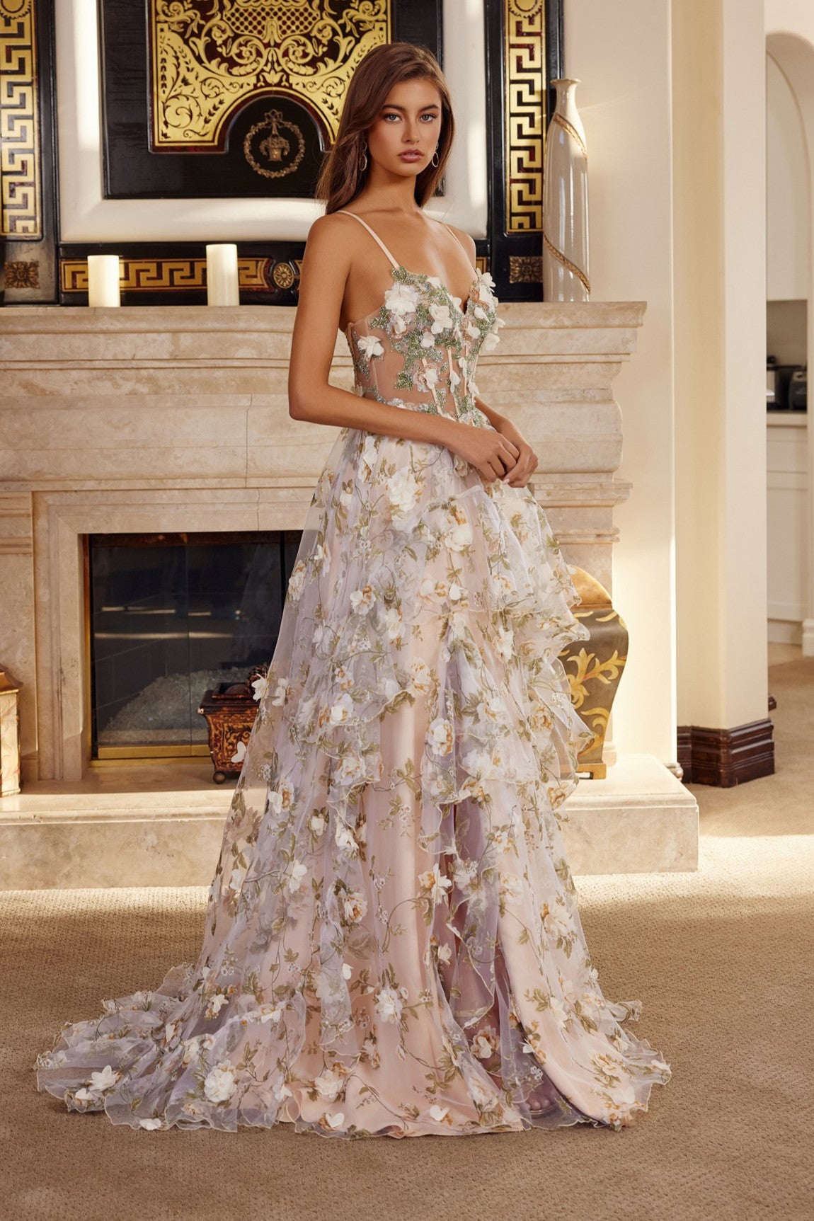 Exquisite 3D Floral Print Layered Gown