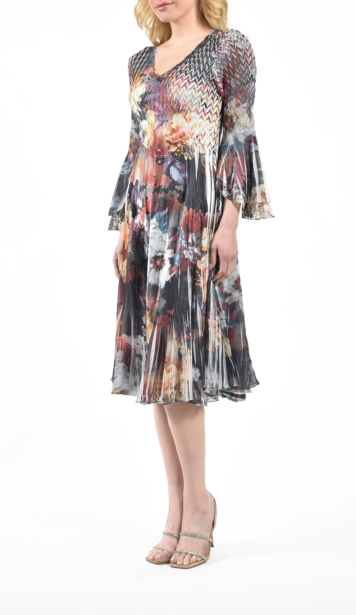 Flocked Flower Bell Sleeve Dress