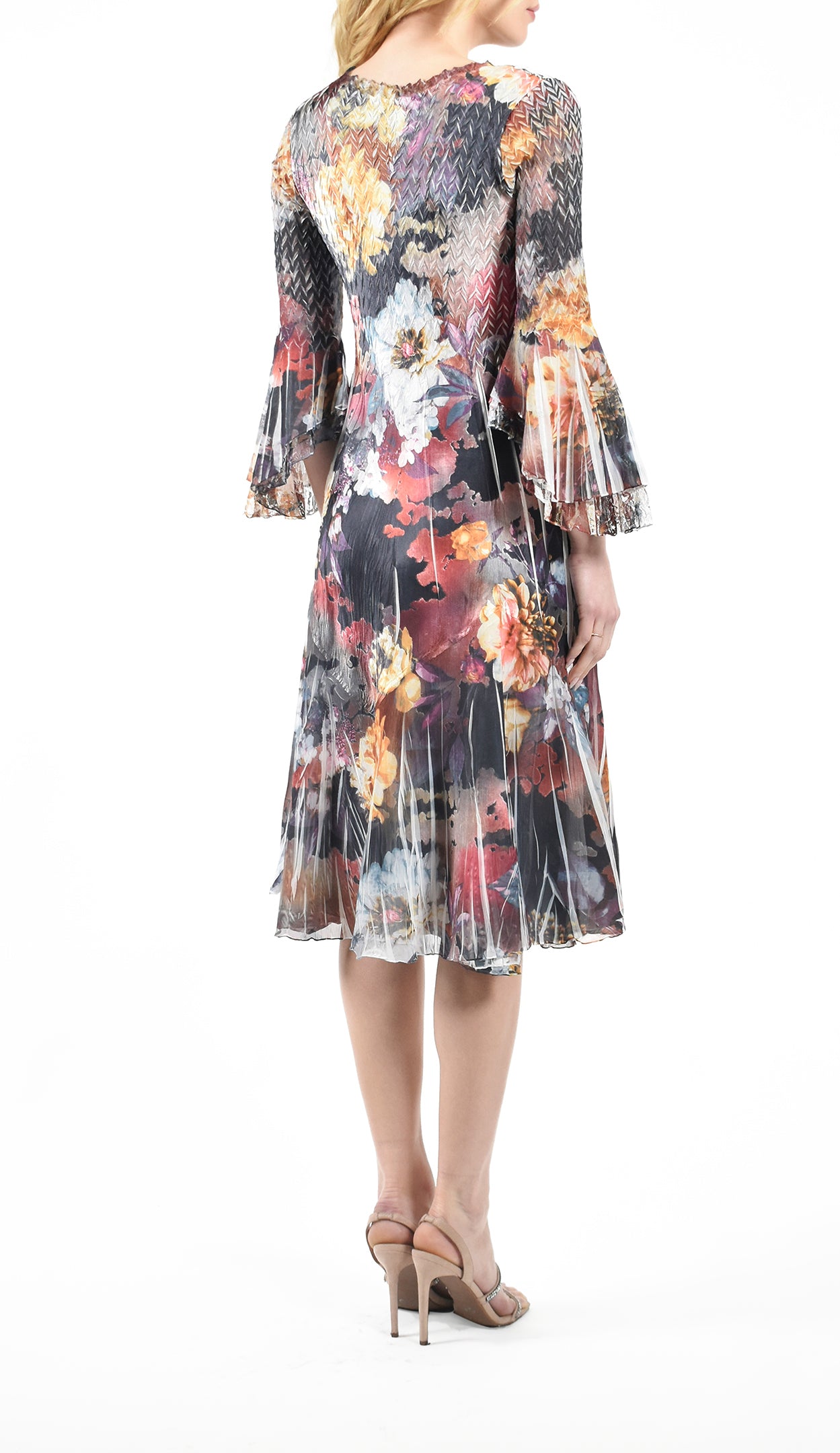 Flocked Flower Bell Sleeve Dress