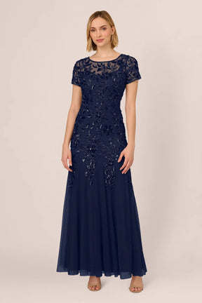 Floral Beaded Short Sleeve Godet Gown