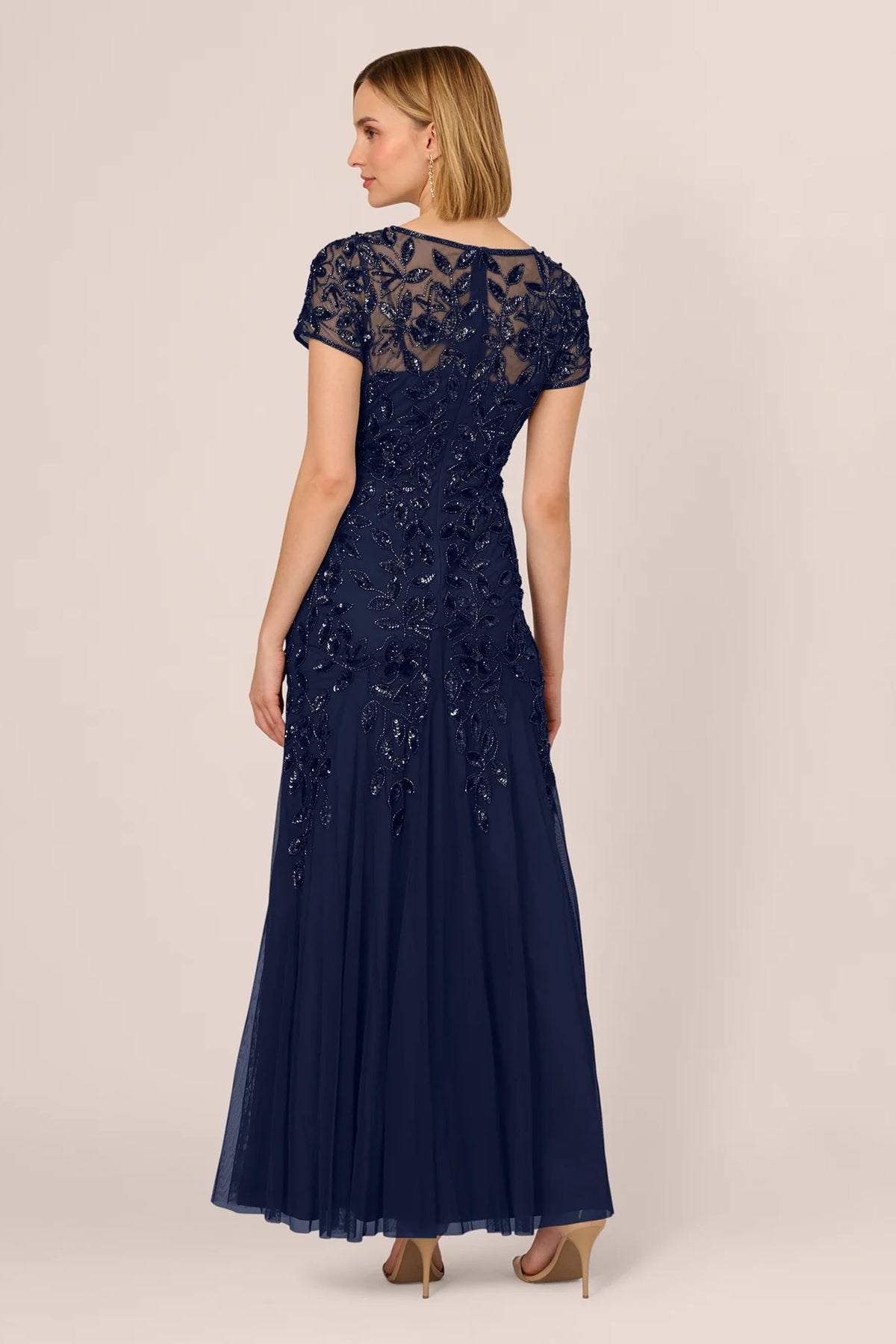 Floral Beaded Short Sleeve Godet Gown