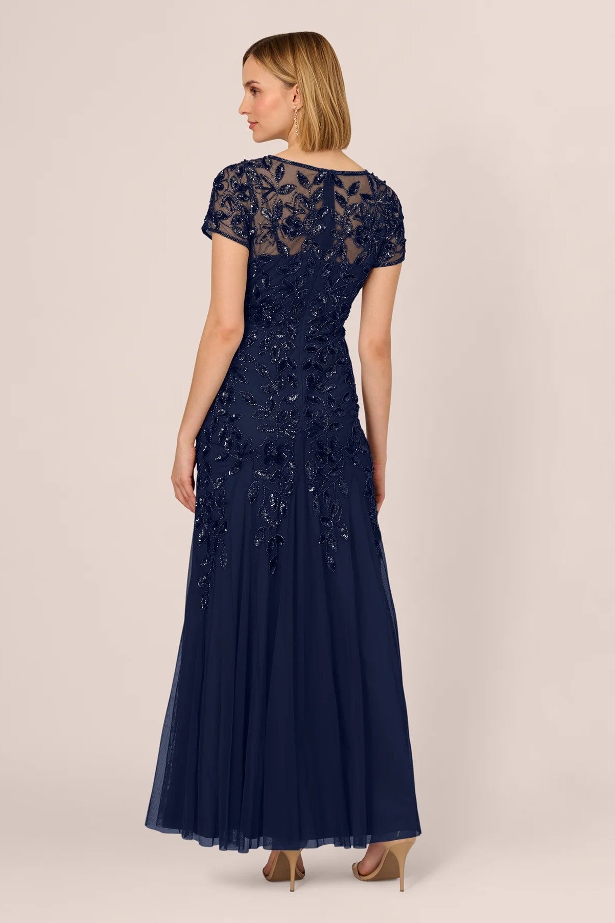 Floral Beaded Short Sleeve Godet Gown