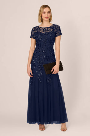 Floral Beaded Short Sleeve Godet Gown