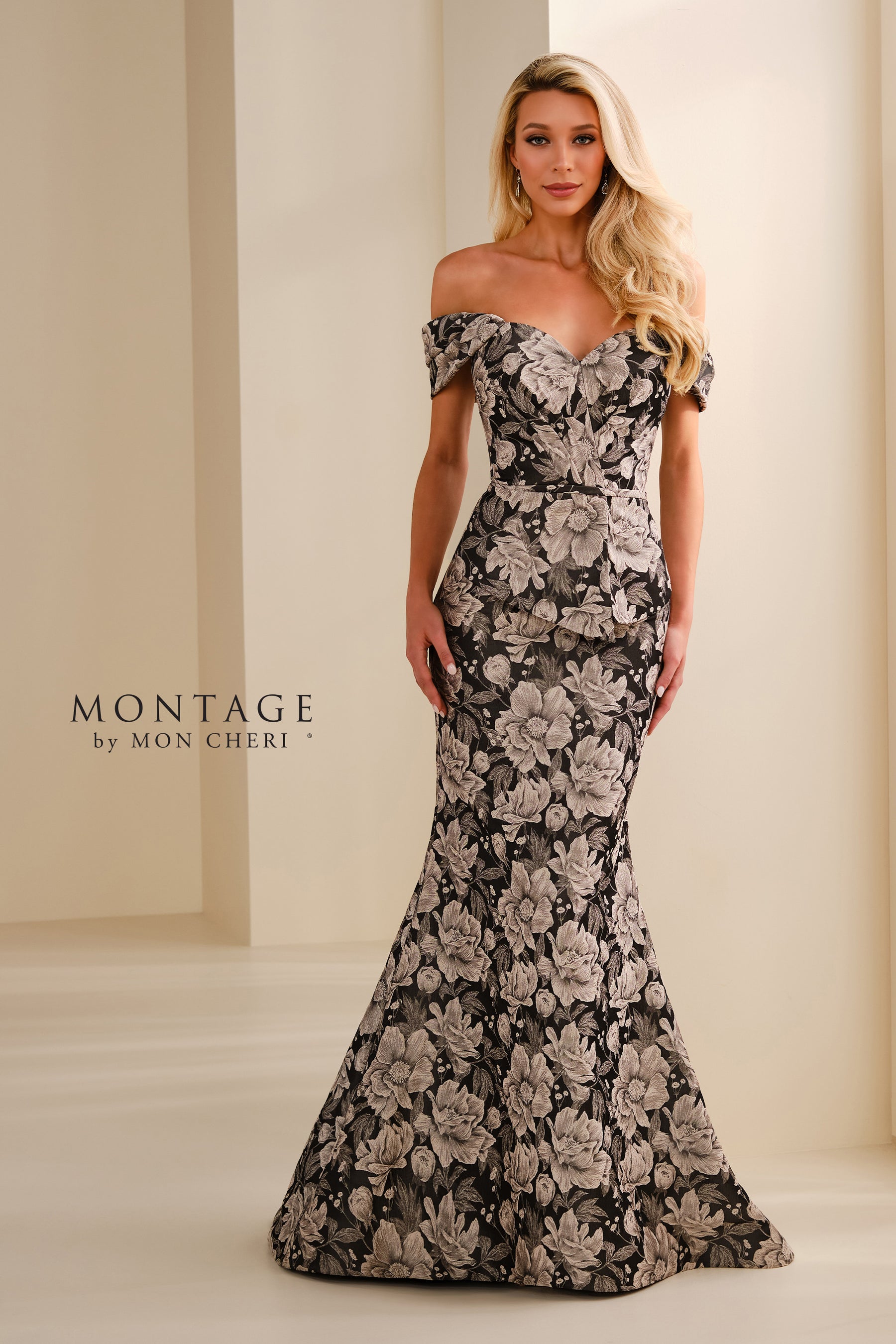 Floral Brocade Off Shoulder Shoulder Mermaid Gown