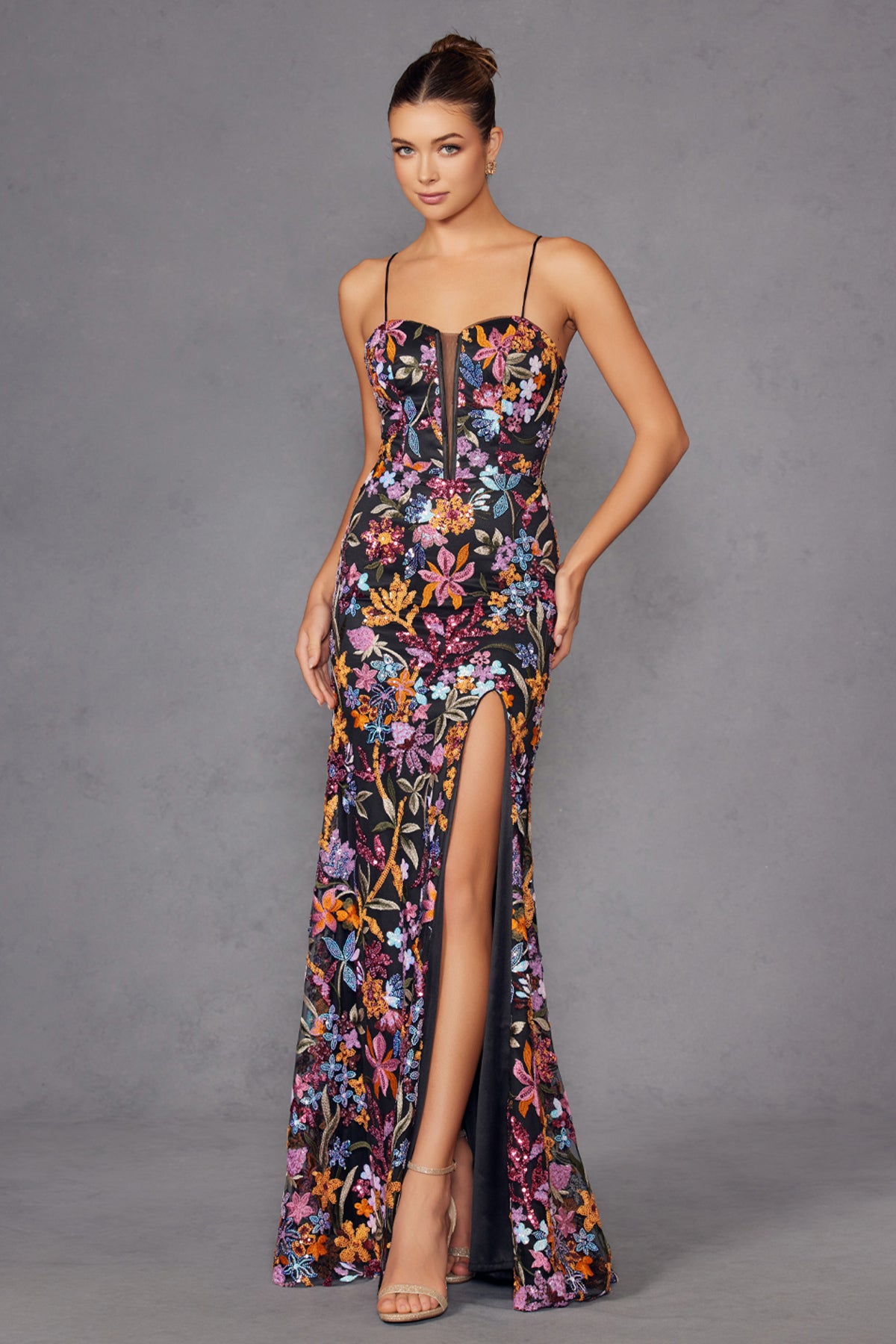 Black Floral Embellished Strappy Back Gown