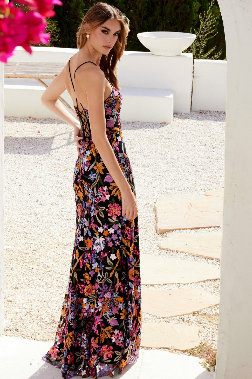 Black Floral Embellished Strappy Back Gown