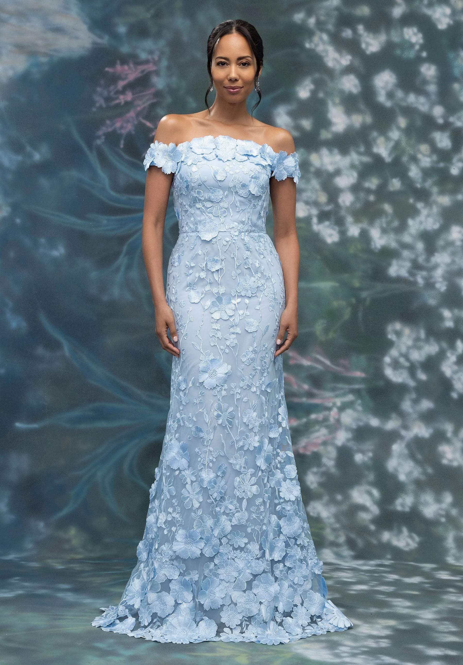 Floral Embroidered Off Shoulder Gown