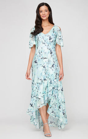 Floral Jacquard Dress with Flounce Hi-Low Hem