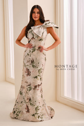 Floral Metallic Jacquard Gown with Dramatic Bow