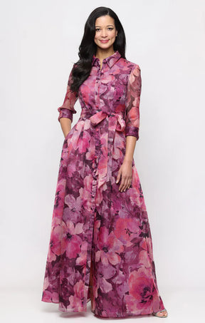 Floral Organza Gown with Three-Quarter Sleeves