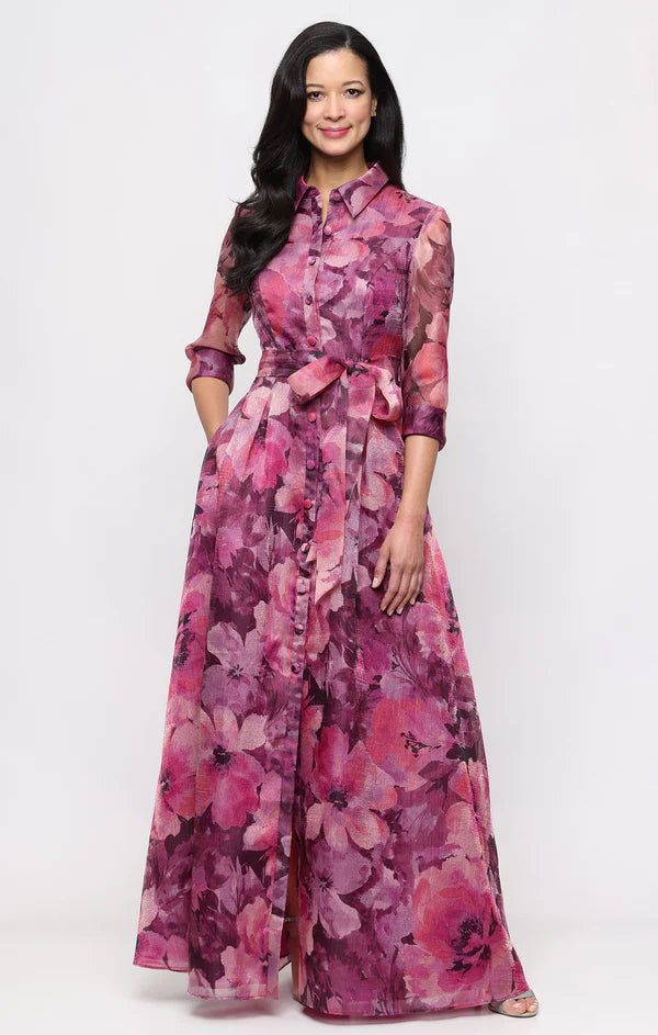 Floral Organza Gown with Three-Quarter Sleeves