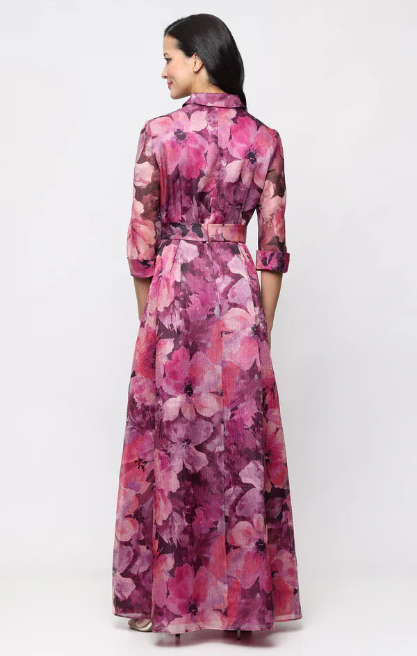 Floral Organza Gown with Three-Quarter Sleeves