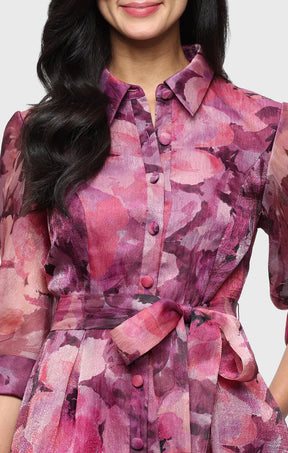 Floral Organza Gown with Three-Quarter Sleeves