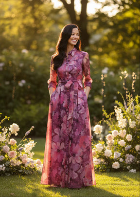 Floral Organza Gown with Three-Quarter Sleeves