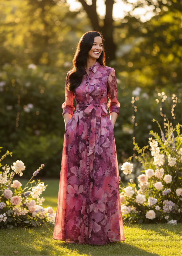 Floral Organza Gown with Three-Quarter Sleeves