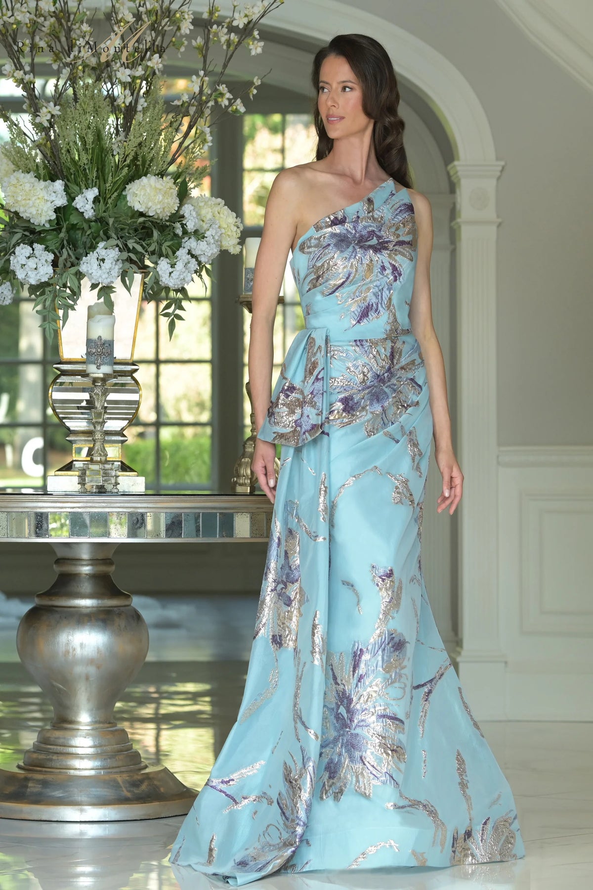Floral Organza Jacquard Sculpted One Shoulder Gown