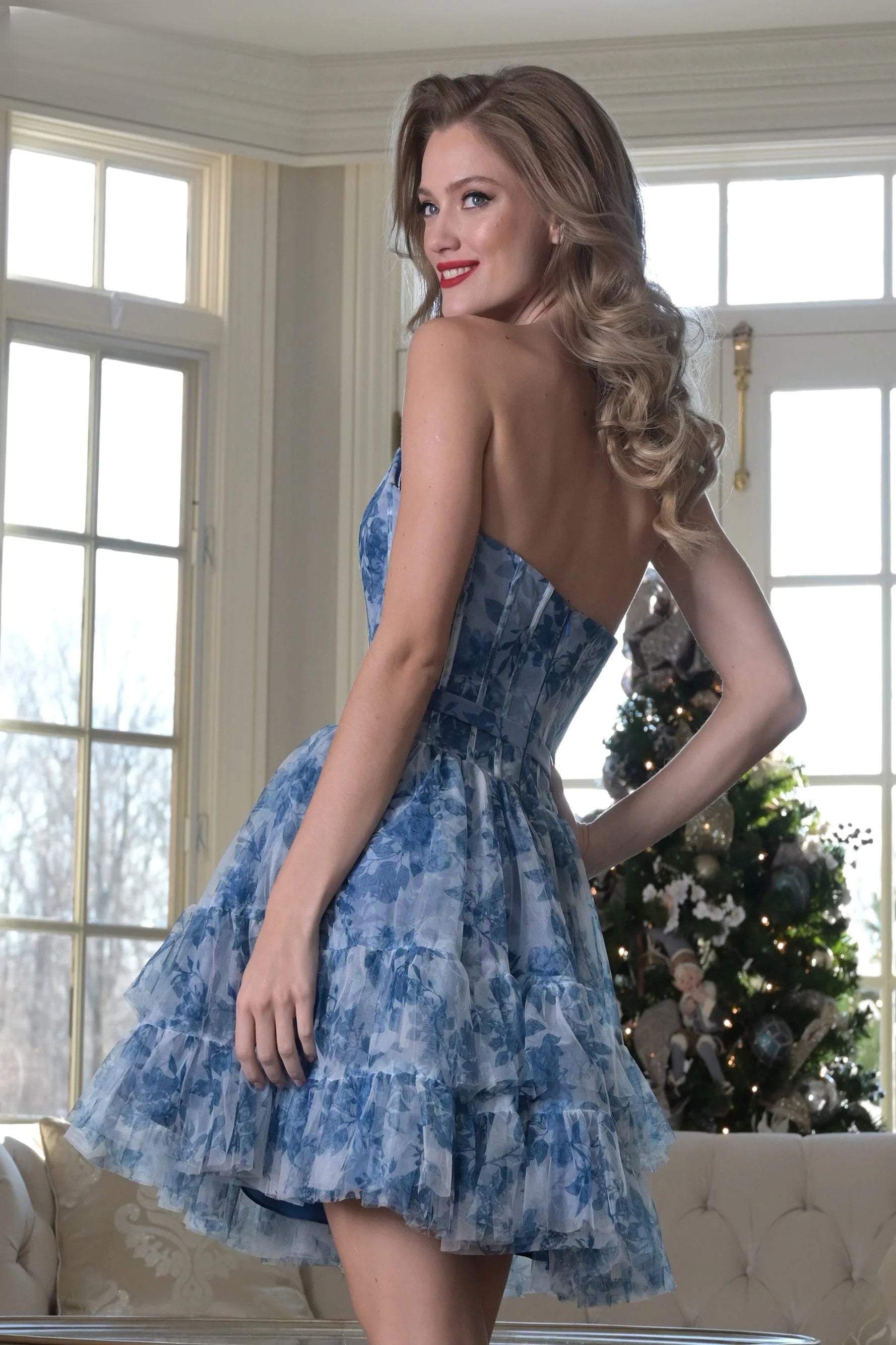 Floral Print Ruffle Hem Short Corset Dress