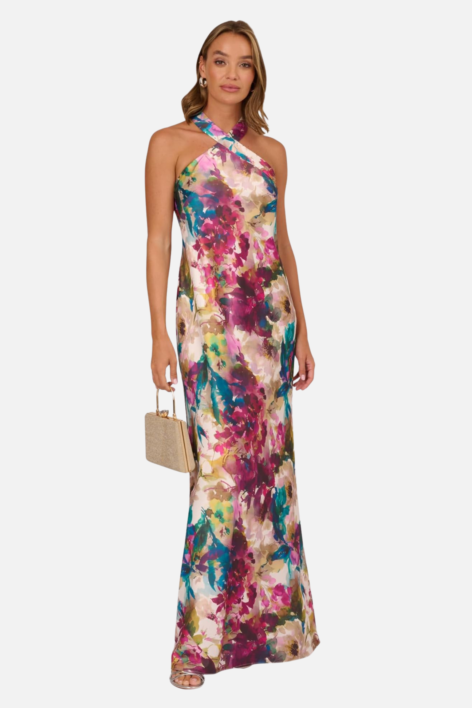 Floral Print Satin Halter Maxi Dress