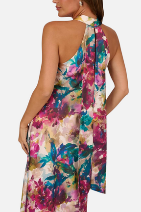 Floral Print Satin Halter Maxi Dress