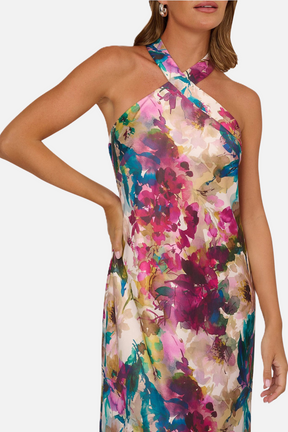 Floral Print Satin Halter Maxi Dress