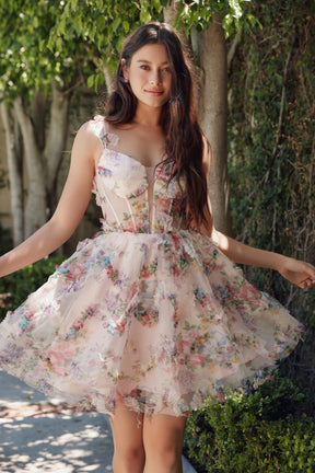 Floral Printed Corset Dress with Tiered Ruffles