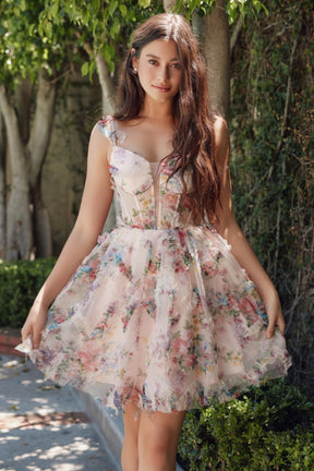 Floral Printed Corset Dress with Tiered Ruffles