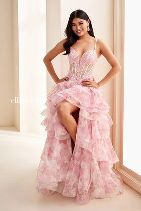 Floral Printed Mesh Bodice Layered Ball Gown