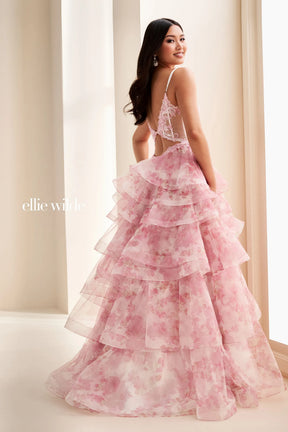 Floral Printed Mesh Bodice Layered Ball Gown