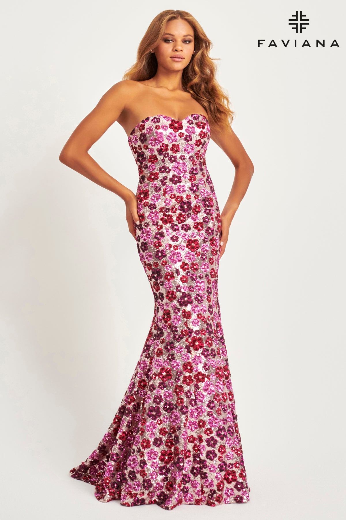 Floral Sequin Strapless Mermaid Gown