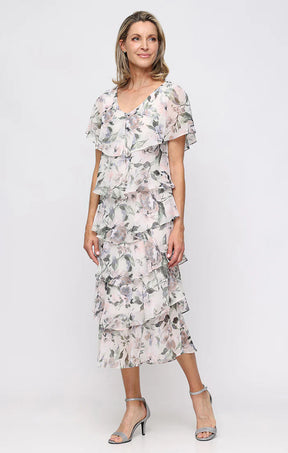 Floral Tiered Capelet Tea Length Dress