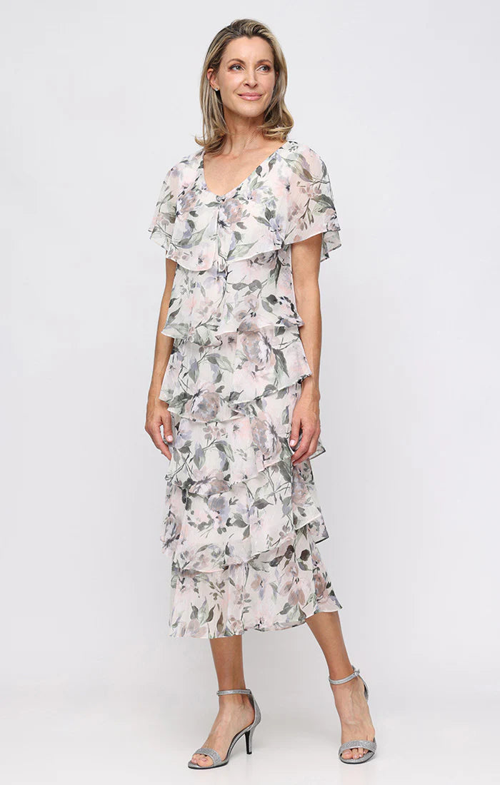 Floral Tiered Capelet Tea Length Dress